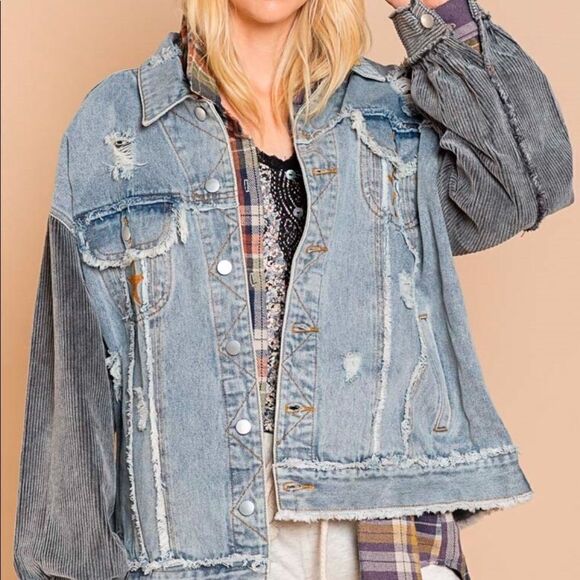DENIM Distressed Jacket with Corduroy Sleeves Oversized Fit - Picture 13 of 16